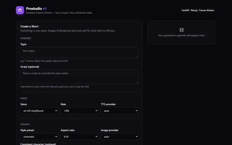 Pro Studio X app — faceless finance Shorts generation form